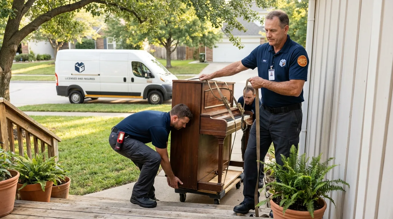 Licensed piano movers securing grand piano in Corning, IA