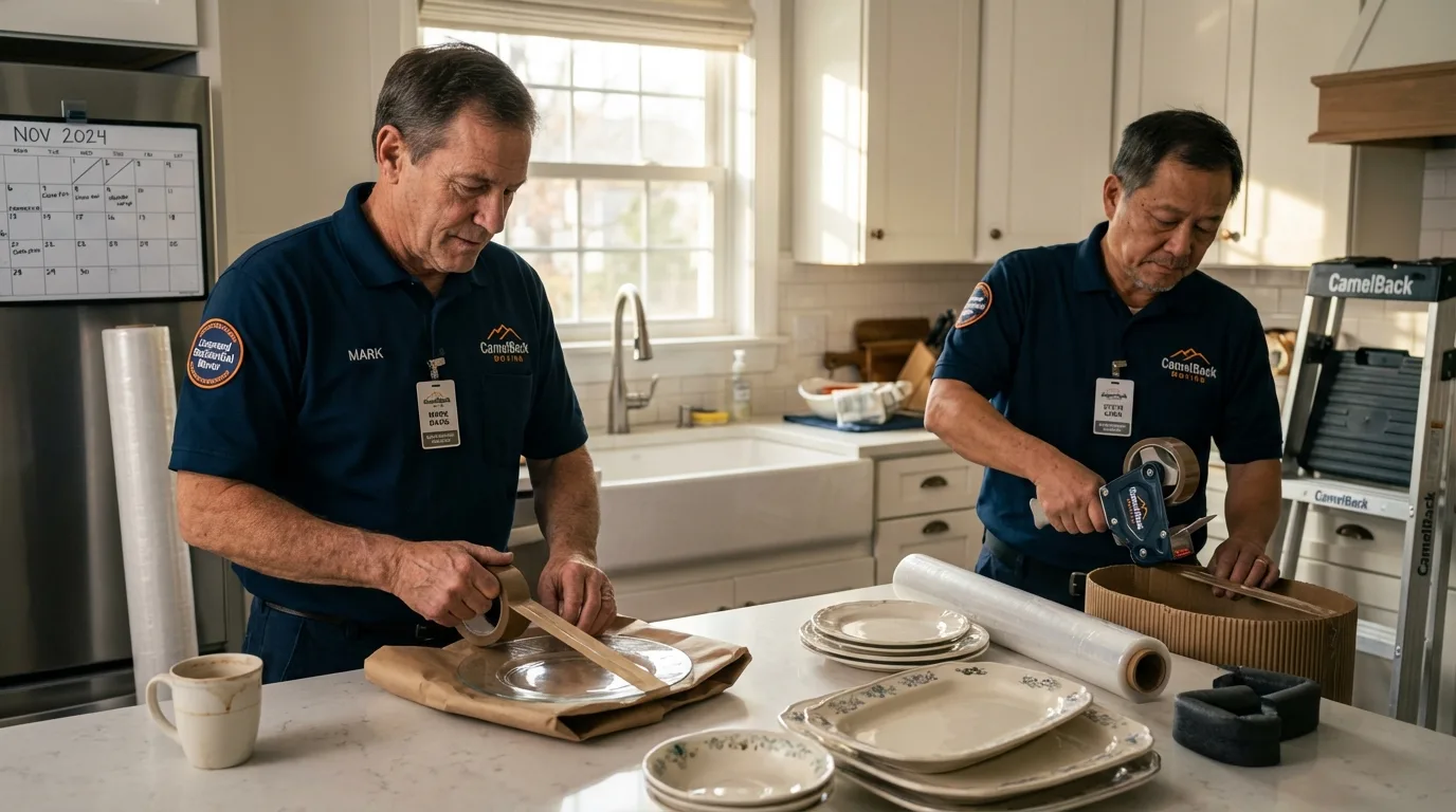 Professional crew packing kitchen dishware in Corning, IA